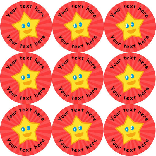 144 Happy Star Personalised (Red Background) 30mm Reward Stickers for School Teachers, Parents and Nursery