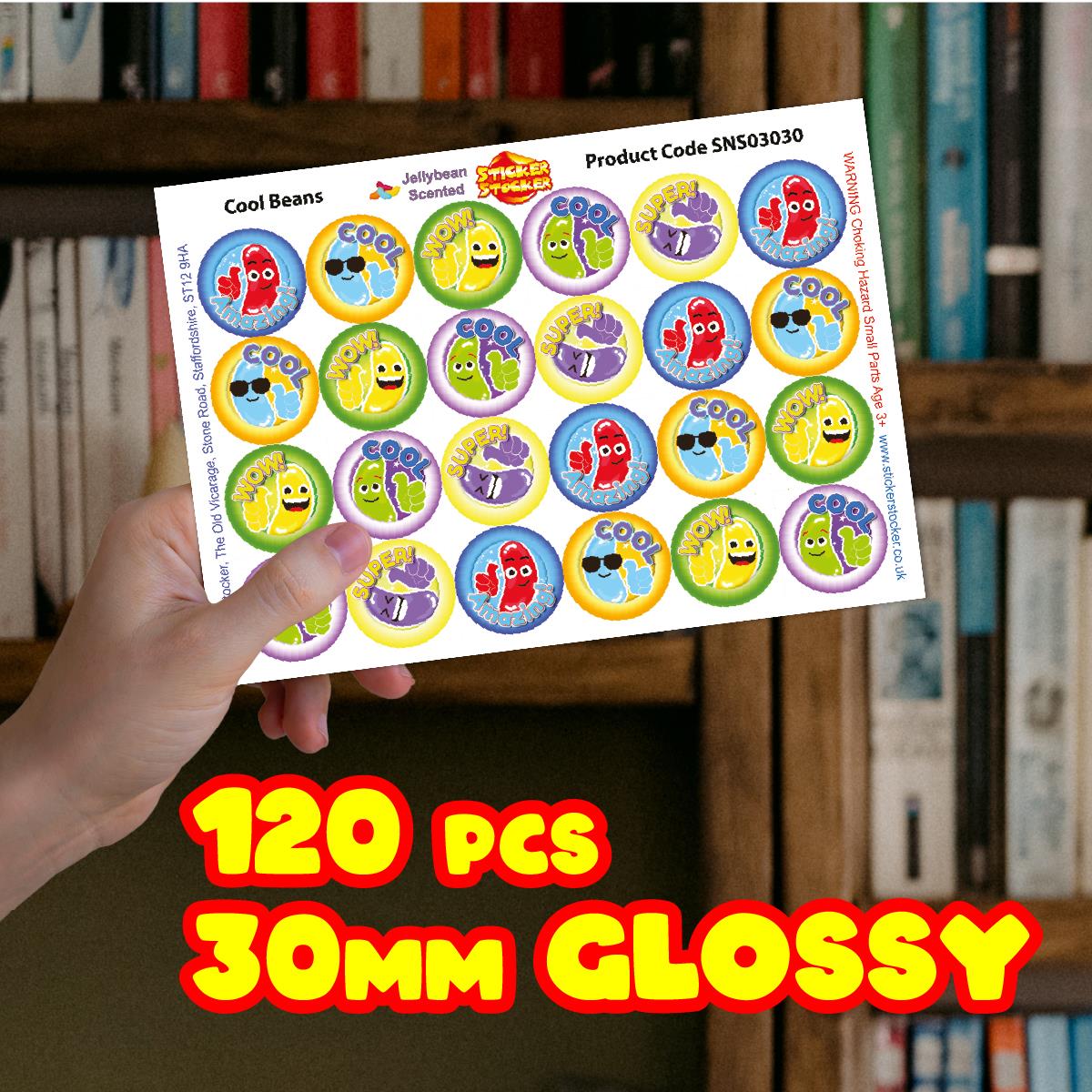 120 Cool Beans Jellybean Scented  30mm Reward Stickers for Teachers, Parents and Party Bags
