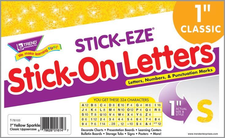 324 Yellow Sparkle 1-Inch alphabet & Numbers STICK-EZE stickers