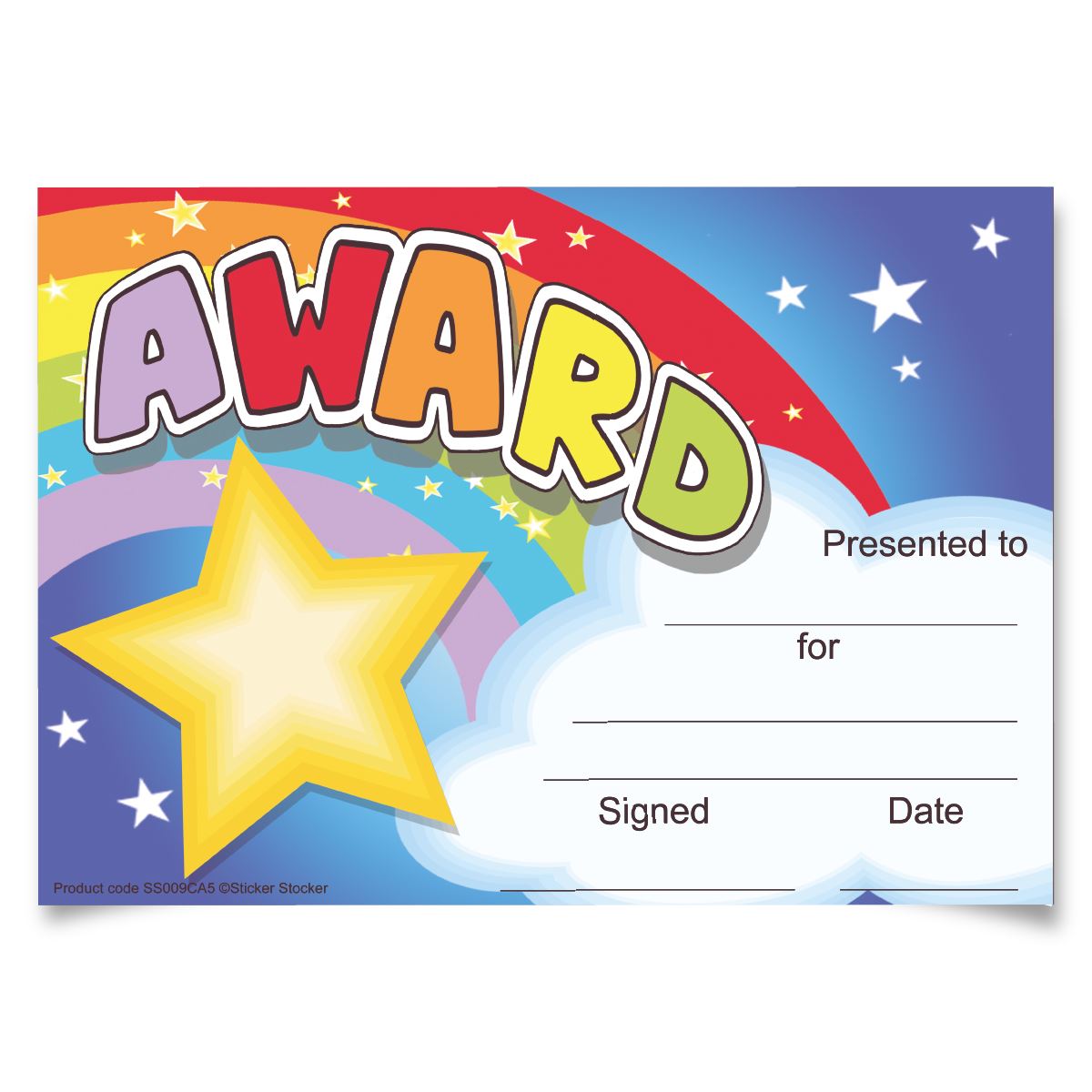 Colorful classroom award certificate with rainbow, stars, and space for recipient details