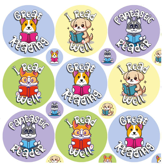 144 Reading Dogs + 90 Free Mini Dogs 30mm Reward Stickers for Teachers, Parents and Schools