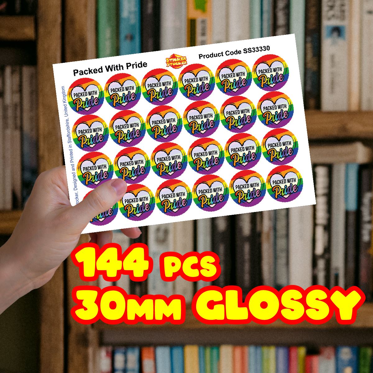 144 Colourful LGBT Packed With Pride Hearts 30mm Glossy Stickers
