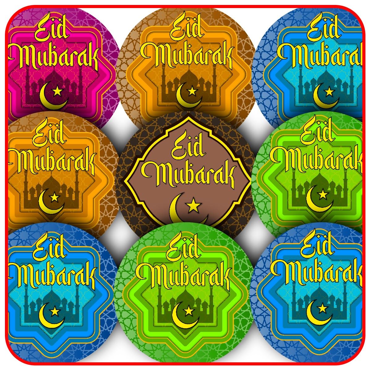 144 Colourful Eid Mubarak 30mm Glossy Stickers