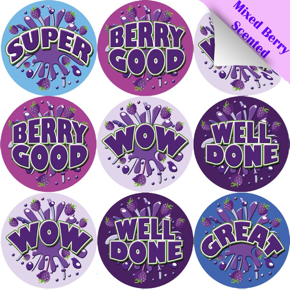 120 Mixed Berry Burst Praise Words 30mm Scented Reward Stickers for Teachers, Parents and Party Bags