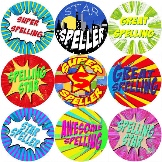 144 Superhero Speller 30mm Reward Stickers for School Teachers, Parents and Nursery