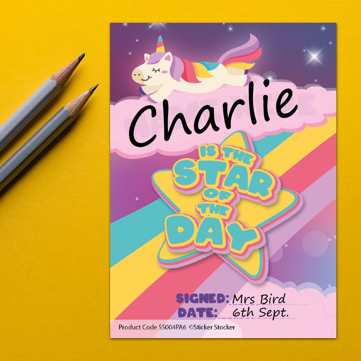 A6 Praise Note Pad 100 Sheet Incentive Chart Rewards - Star of the Day Rainbow Unicorn