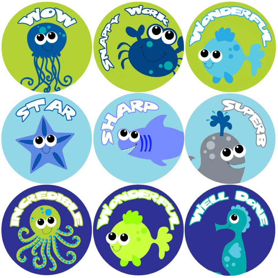 144 Deep Blue Sea Praise Words 30mm Children's Reward Stickers for Teachers or Parents