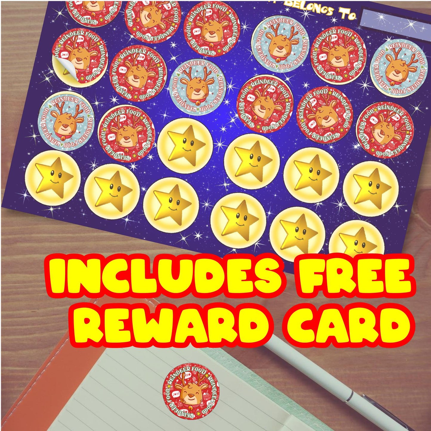 144 Reindeer Food 30mm Reward Stickers for School Teachers, Parents and Nursery + 90 Free 10mm Santa's