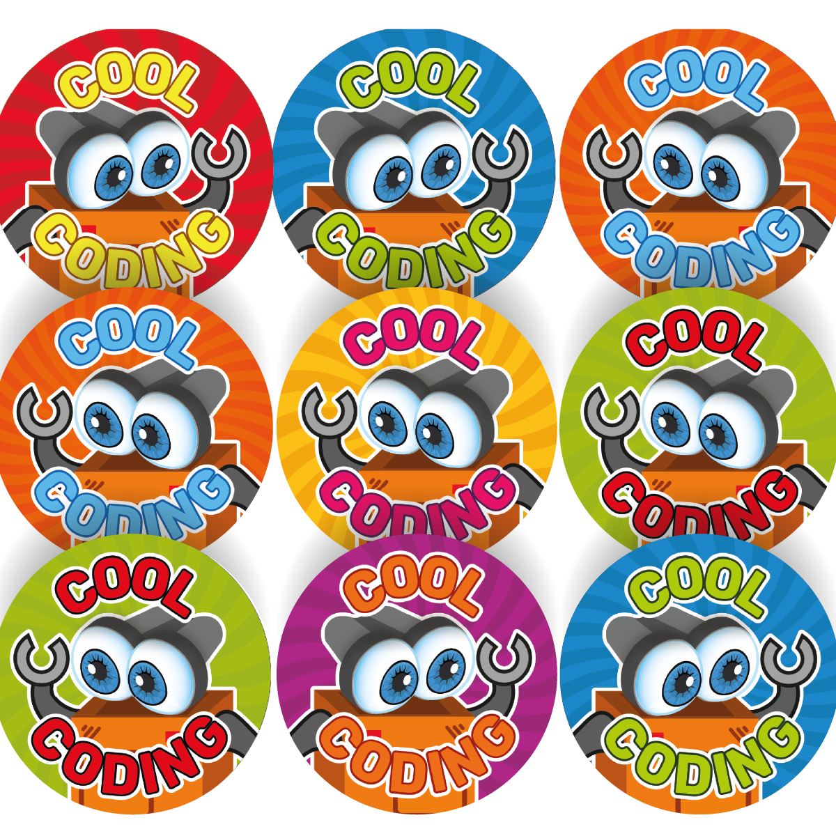 144 Cool Coding Robots - 30mm - Glossy Reward Stickers for Teachers & Parents