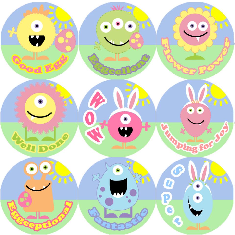 144 Monster Easter Praise Words 30mm Round Children's Reward Stickers for Teachers, Parents