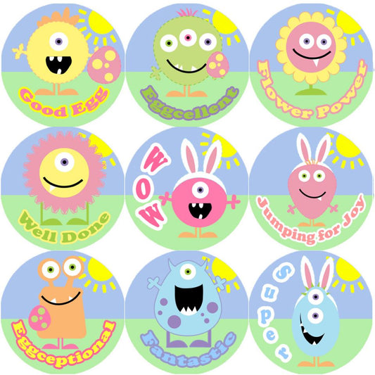 144 Monster Easter Praise Words 30mm Round Children's Reward Stickers for Teachers, Parents