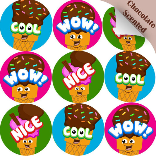 120 Cool Cones 30mm Chocolate Scented Reward Stickers for Teachers, Parents and Party Bags