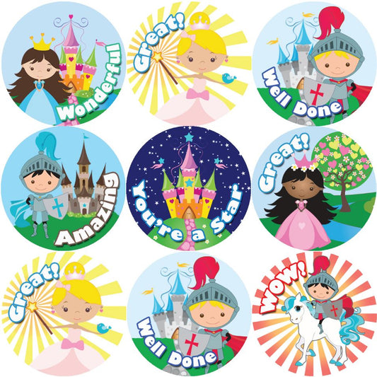144 Princess and Knights Praise Words 30mm Stickers for Teachers, Parents and Party Bags