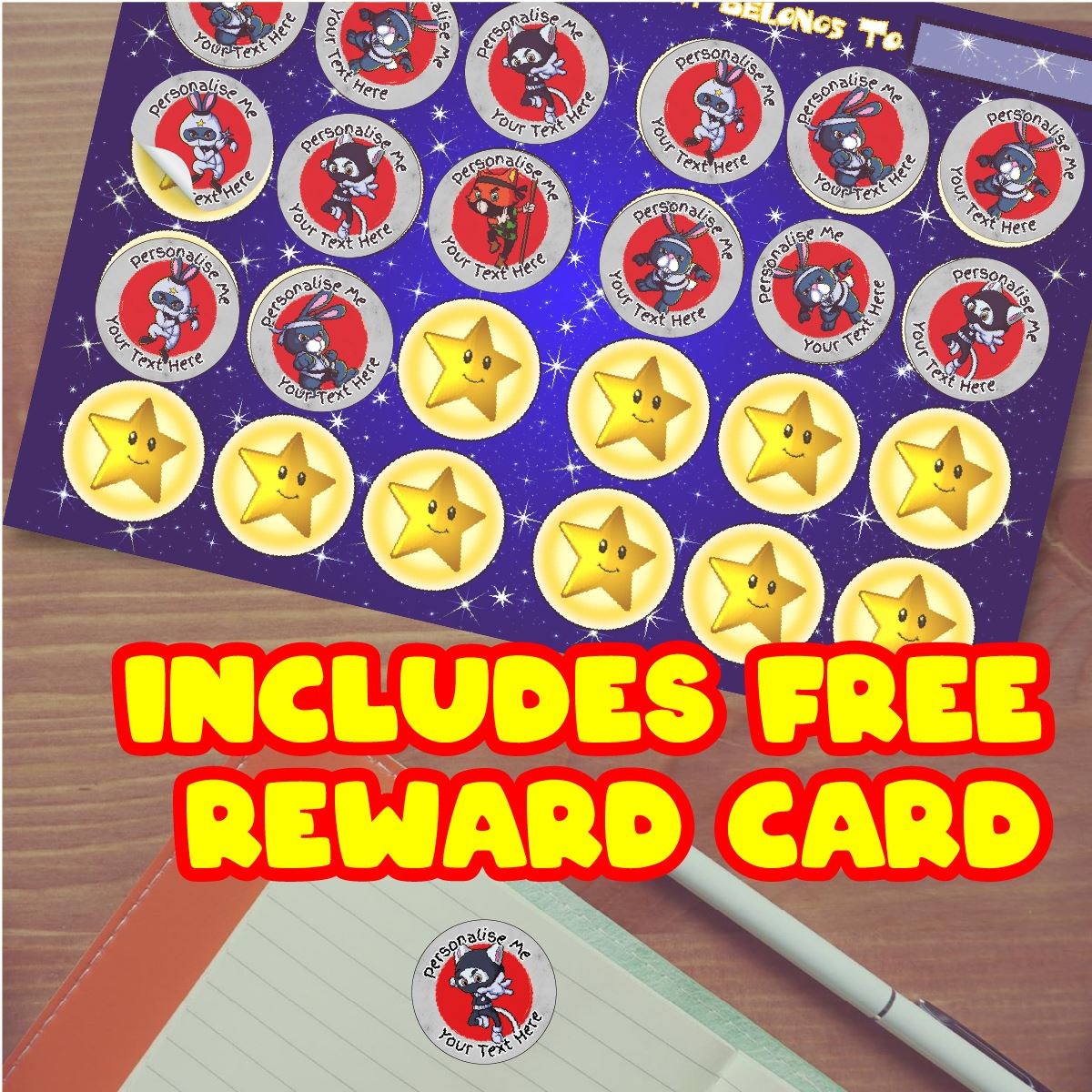144 Ninja Animal Karate Personalised 30mm Reward Stickers for Football Clubs, schools