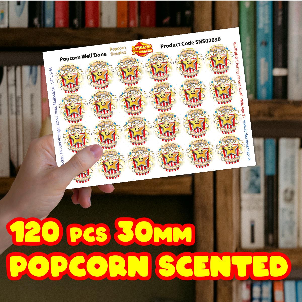 120 Popcorn Well Done 30mm Popcorn Scented Reward Stickers for Teachers, Parents and Party Bags