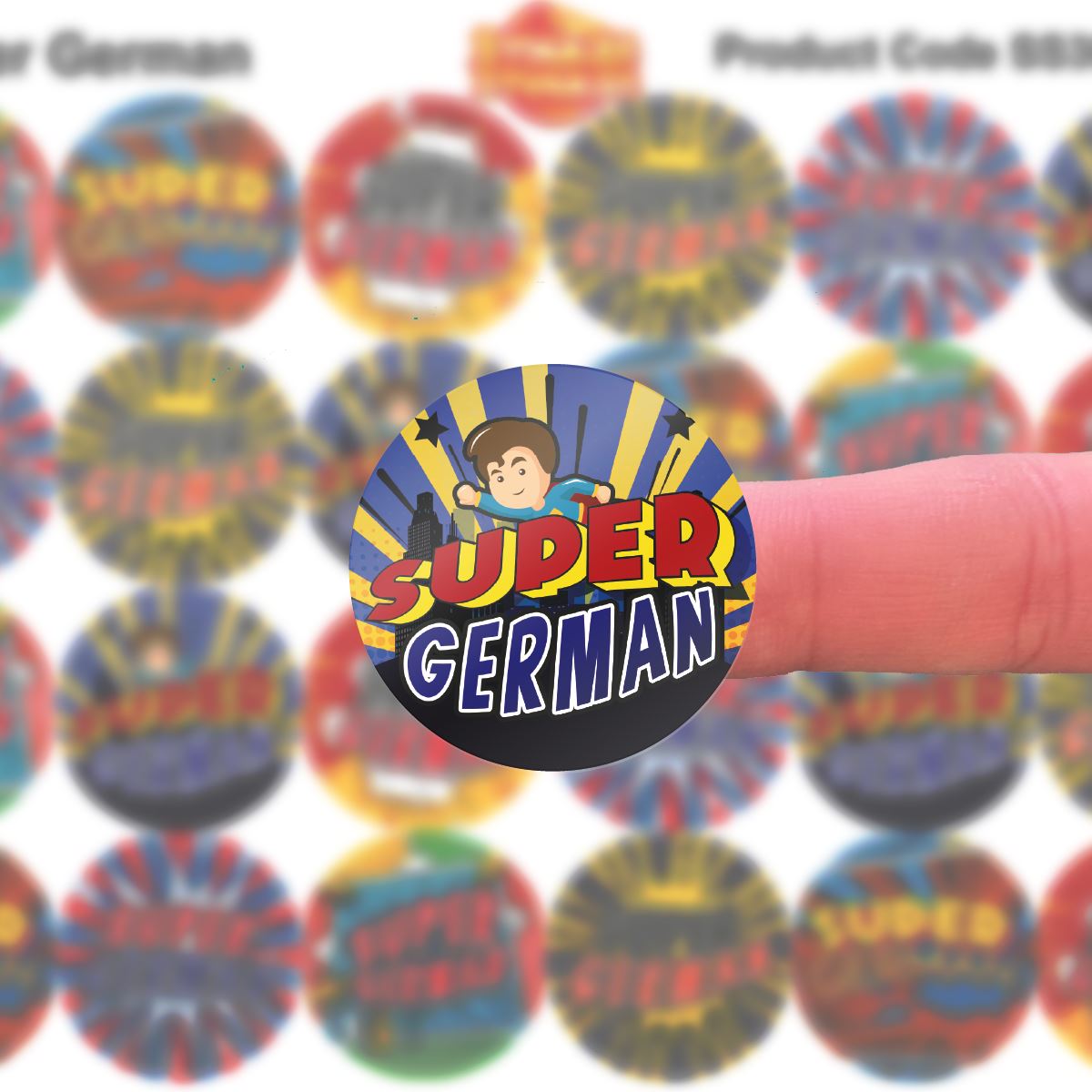 144 German Superhero Comic Stickers - 30mm Glossy Reward Stickers for Teachers & Parents