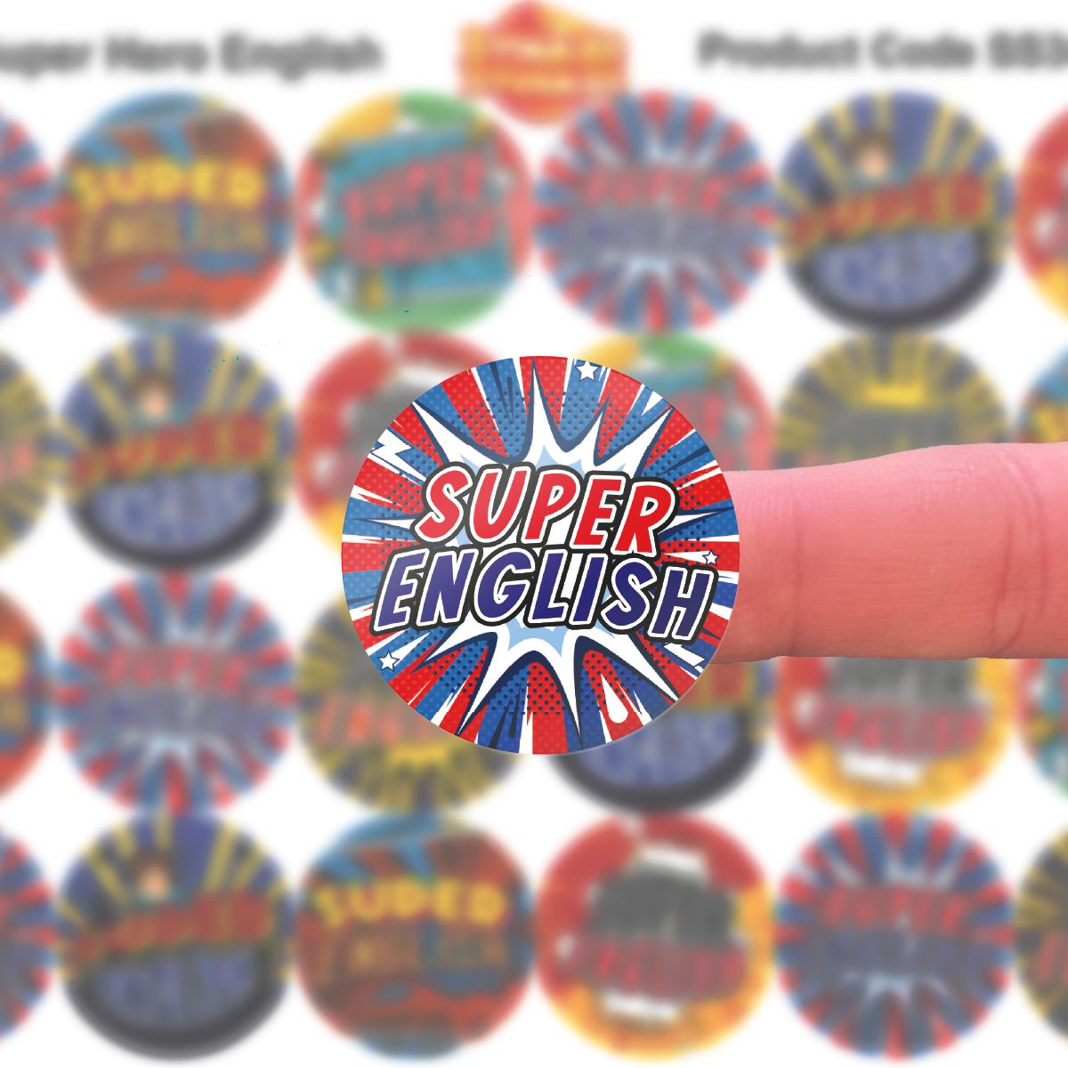 144 Superhero English  - 30mm - Glossy Reward Stickers for Teachers & Parents
