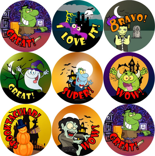 144 Halloween Praise Words (Pack 2) 30mm Round Children's Reward Stickers for Teachers or Parents