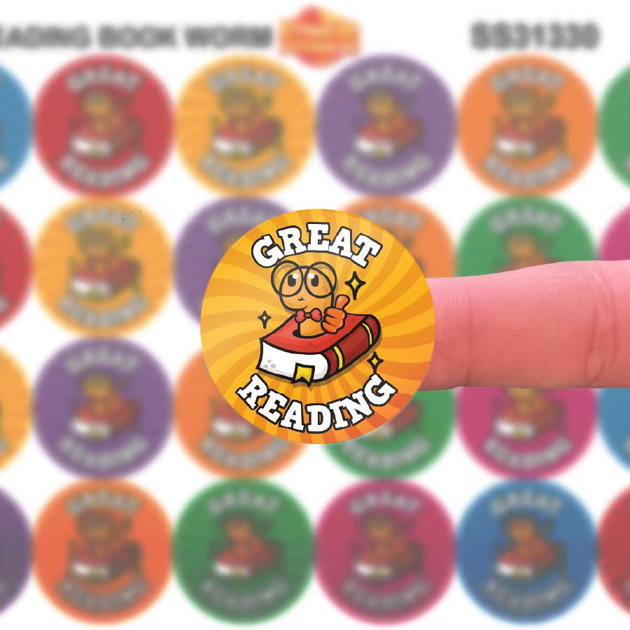 144 Great Reading Book Worm - 30mm - Glossy Reward Stickers for Teachers & Parents