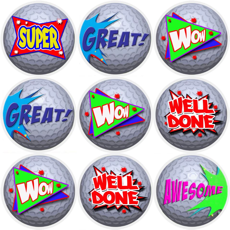 144 Golf Ball Praise Words 30mm Reward Stickers for Teachers, Parents and Party Bags