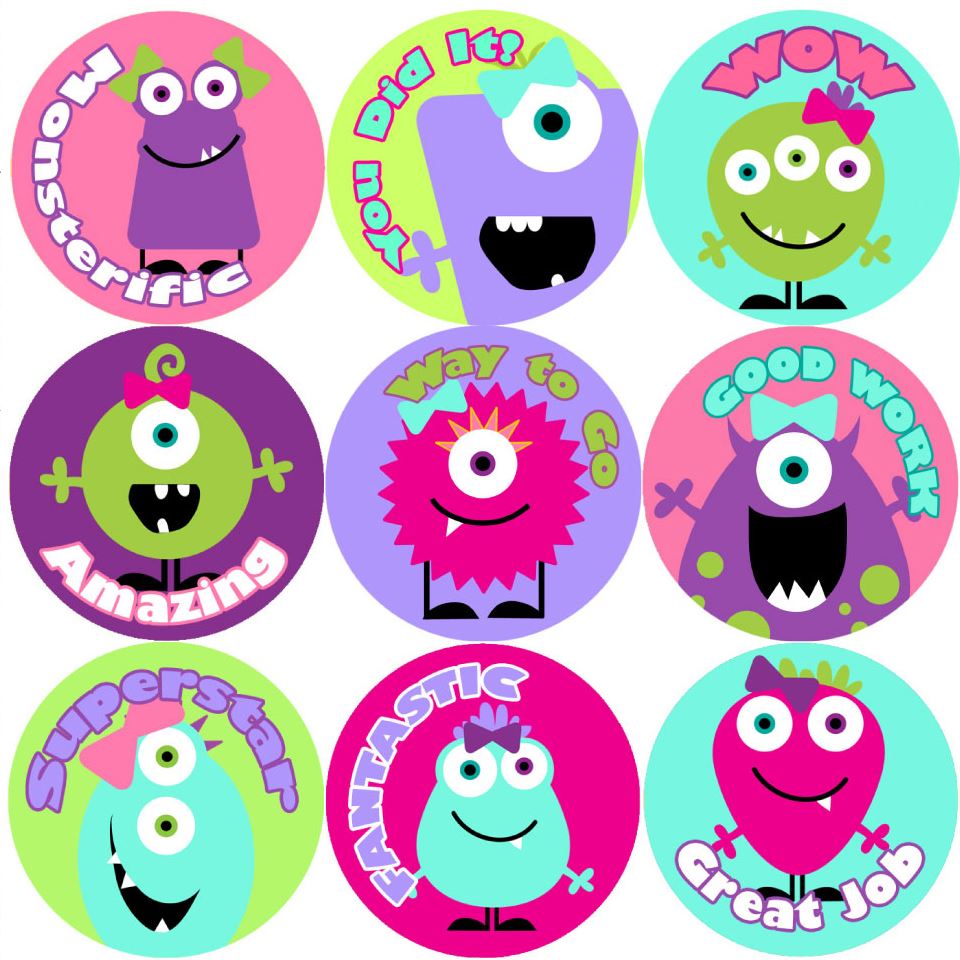 144 Girly Monsters Praise Words 30mm Reward Stickers for Teachers, Parents and Girls Party Bags