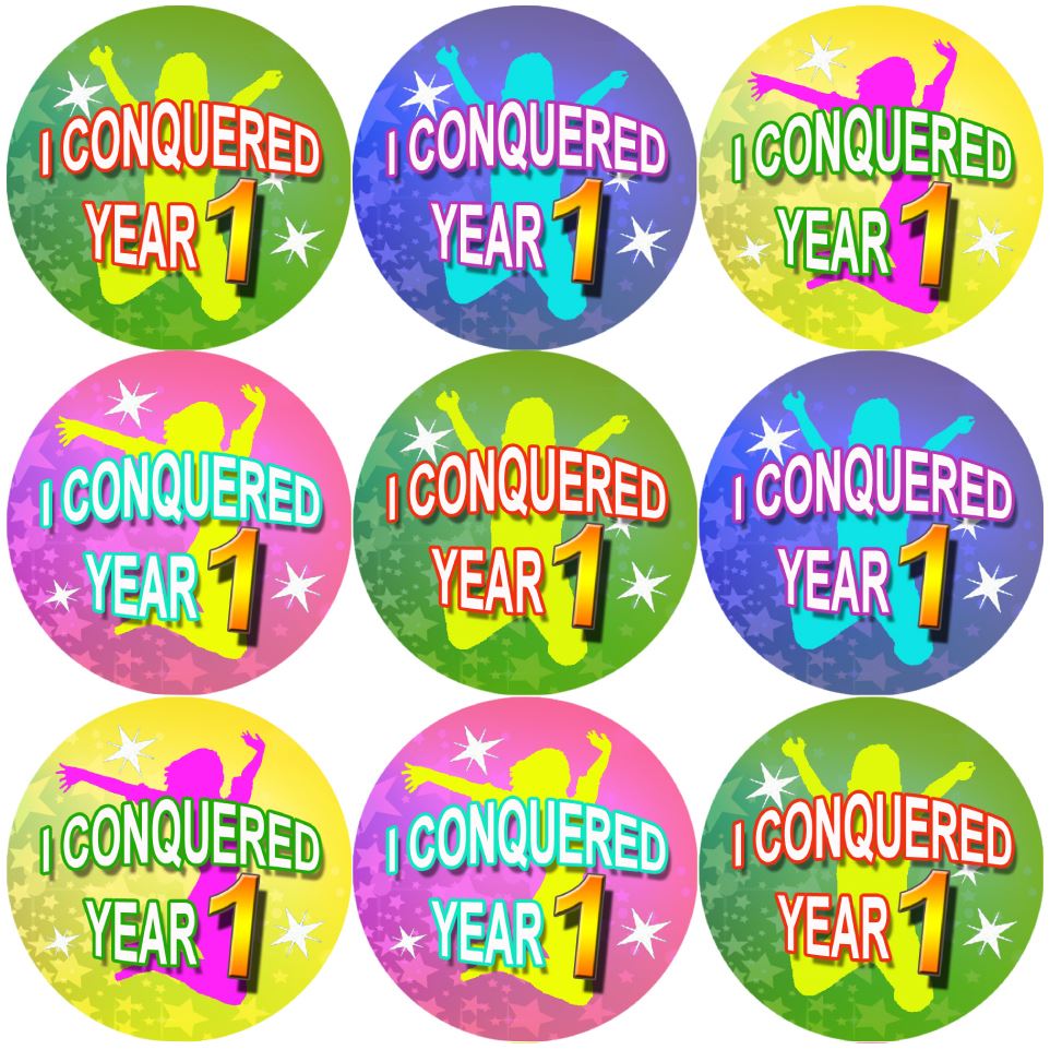 144 I Conquered Year 1 - End of Term Year K Teacher Reward Stickers Size 30mm