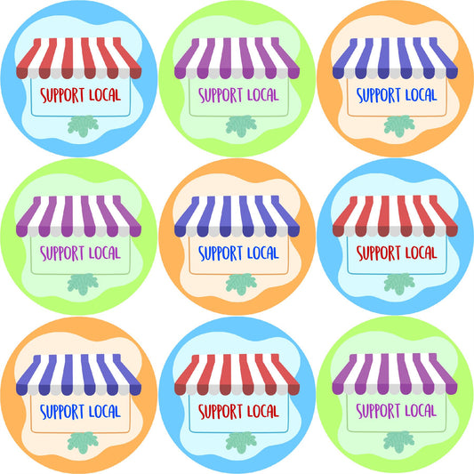 144 Support Local 30mm Shop Themed Glossy Labels ideal for product packaging