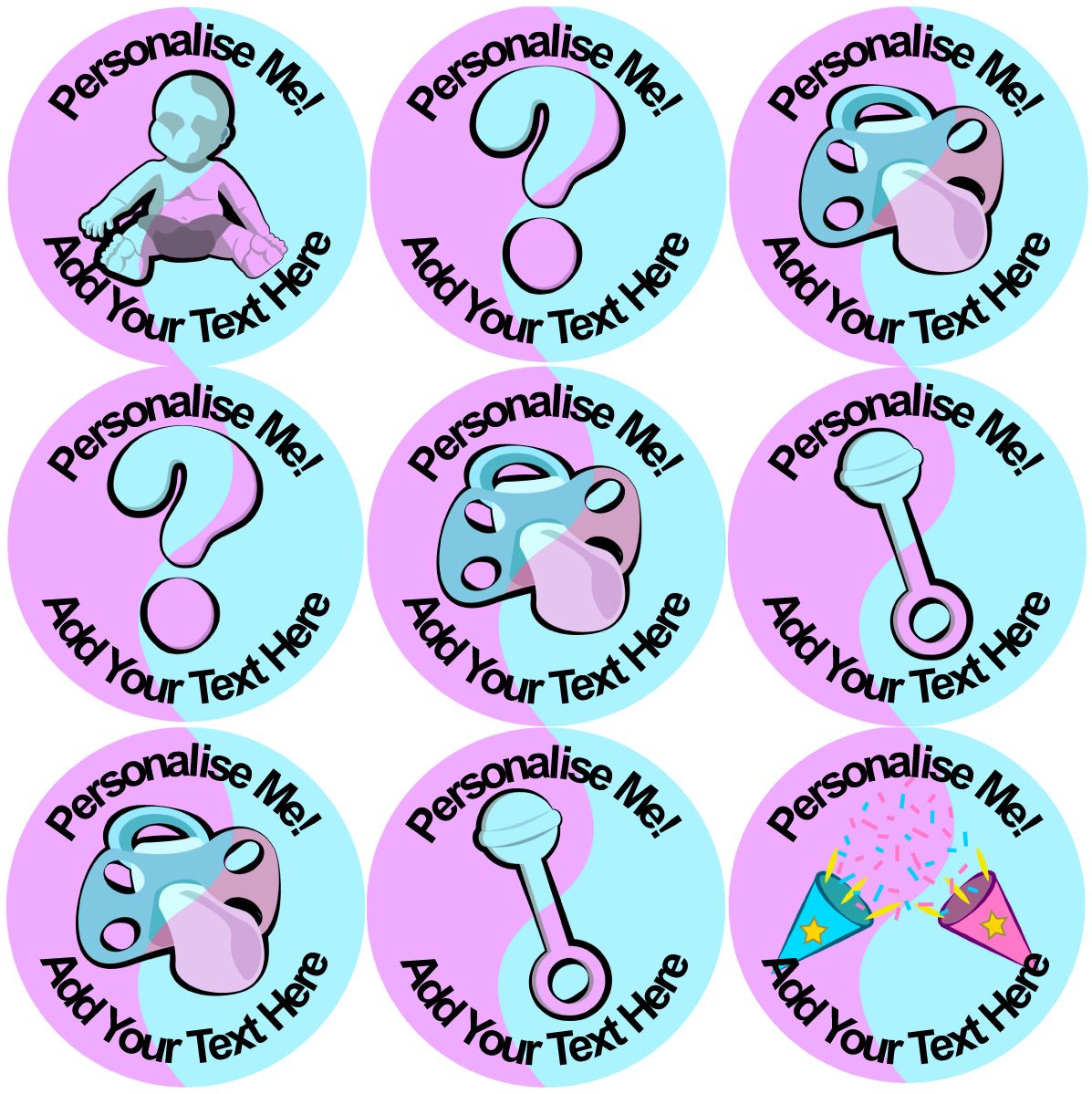 144 Baby Gender Reveal Party - Pink & Blue 30mm Personalised Stickers