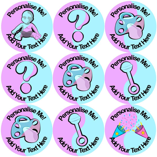144 Baby Gender Reveal Party - Pink & Blue 30mm Personalised Stickers