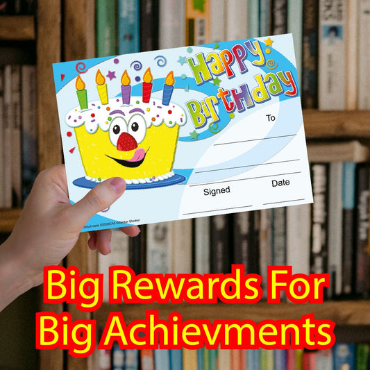 30 Happy Birthday Cake themed award certificates for school teachers, 250gsm A5 silk finish card