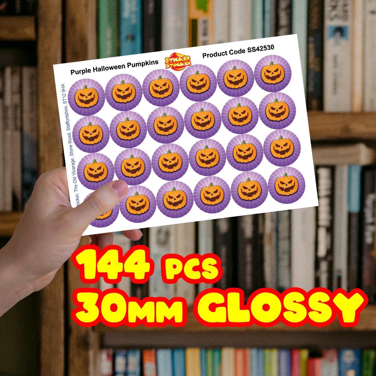 144 Purple Halloween Pumpkins 30mm Round Children's Reward Stickers for Teachers, Parents and Party Bags
