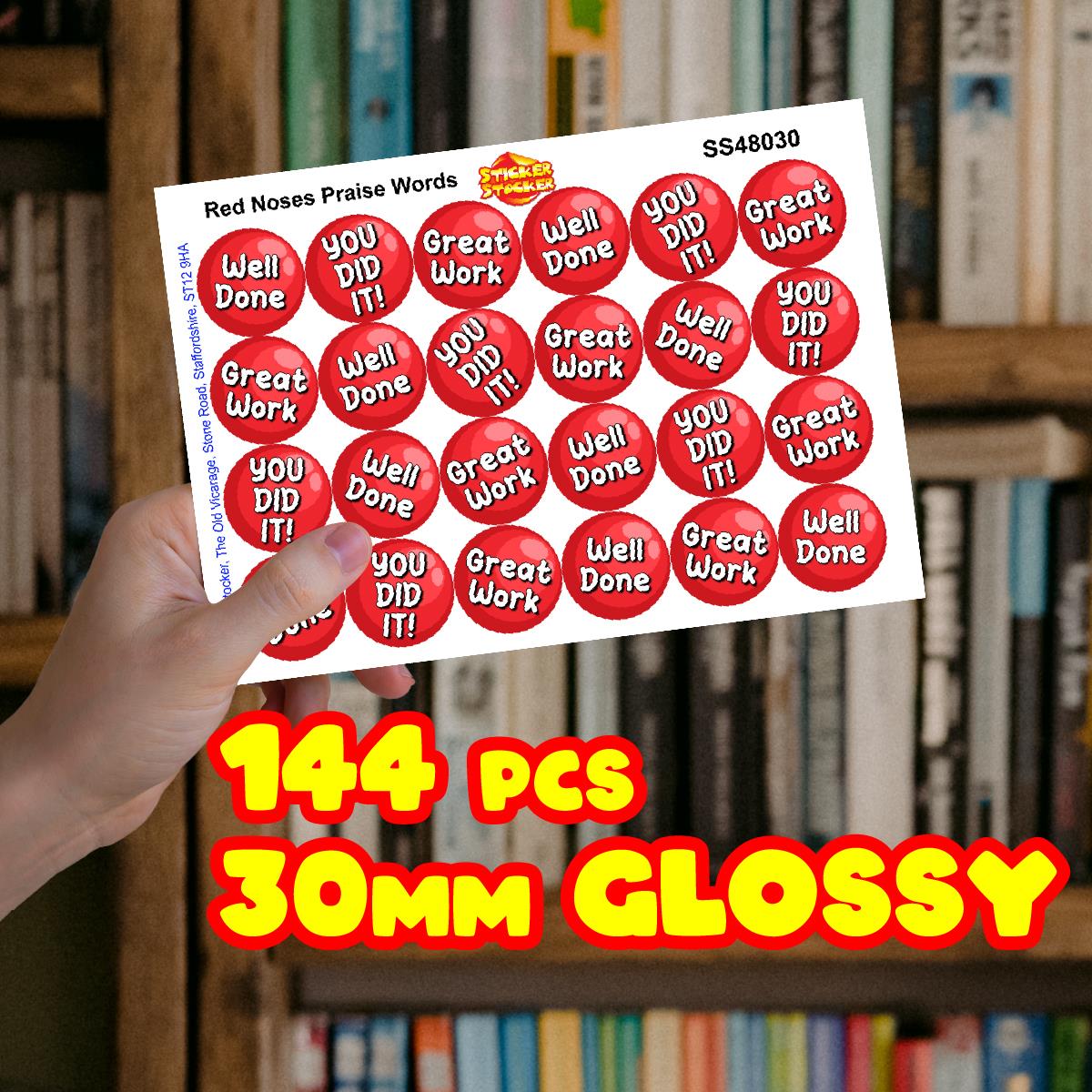144 Red Clown Nose Praise Words - 30mm - Glossy Reward Stickers for Teachers & Parents