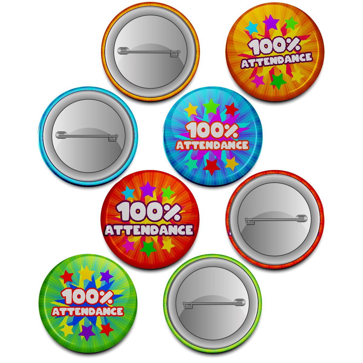 100% Attendance Reward Button Badges (Pack of 20 Pin Badges - 38mm)
