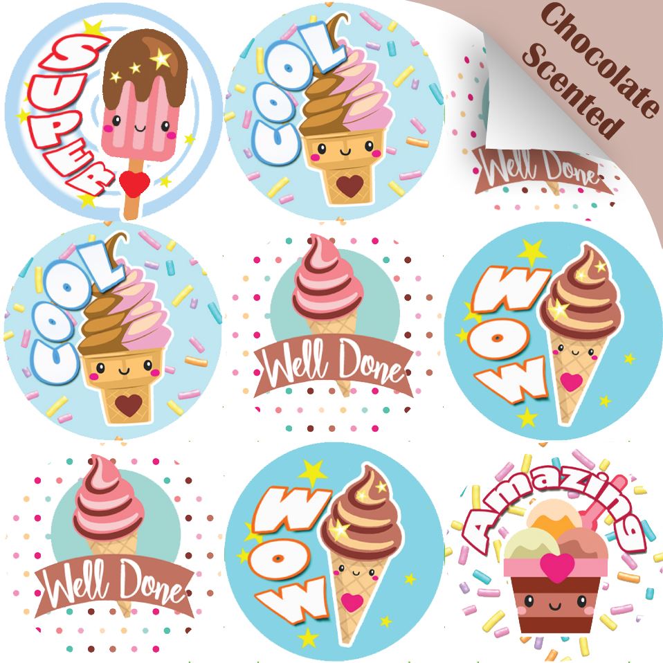 120 Ice Cream Praise Words 30mm Chocolate Scented Reward Stickers for Teachers, Parents and Party Bags