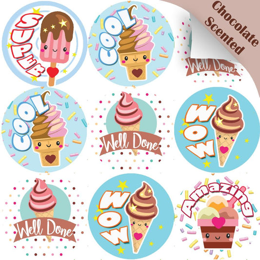 120 Ice Cream Praise Words 30mm Chocolate Scented Reward Stickers for Teachers, Parents and Party Bags