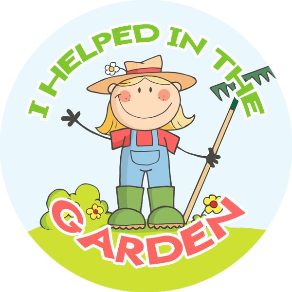 Cartoon reward sticker of a child gardener with rake, text says 'I helped in the garden'.