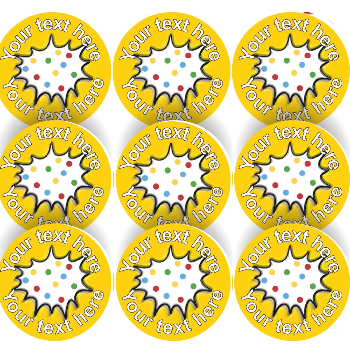 144 Personalised 30mm Yellow Polkadot Comic Children Reward Stickers for School Teachers, Parents and Nursery