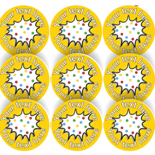 144 Personalised 30mm Yellow Polkadot Comic Children Reward Stickers for School Teachers, Parents and Nursery