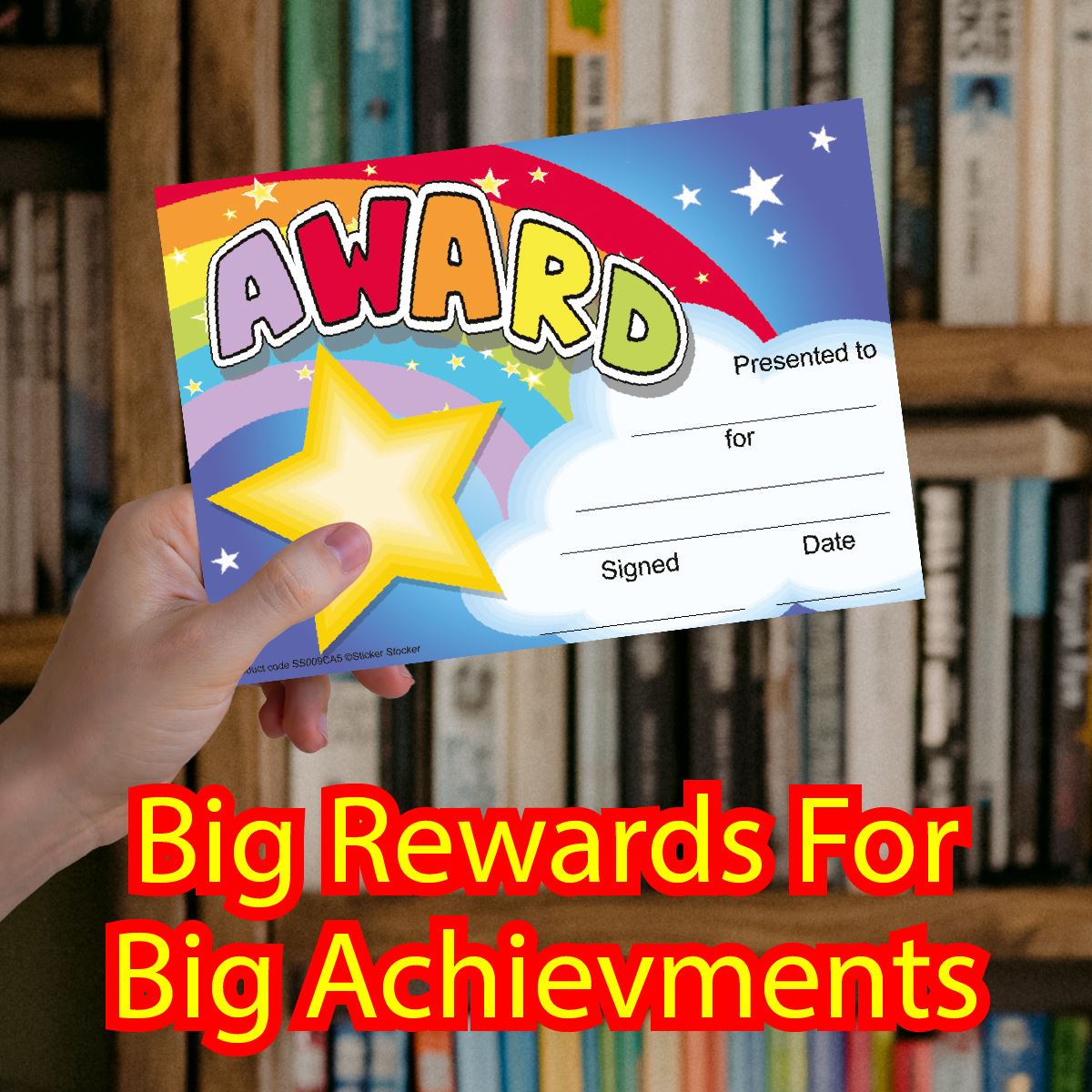 Colorful classroom award certificate with rainbow, stars, and editable fields, held by hand