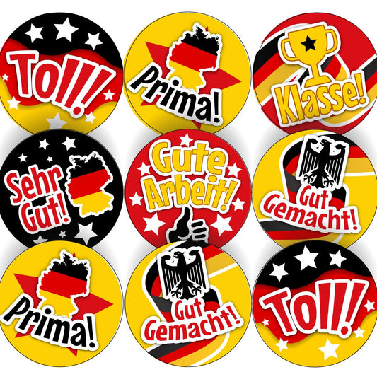 144 Super German Praise Word Stickers - 30mm Glossy Reward Stickers for Teachers & Parents
