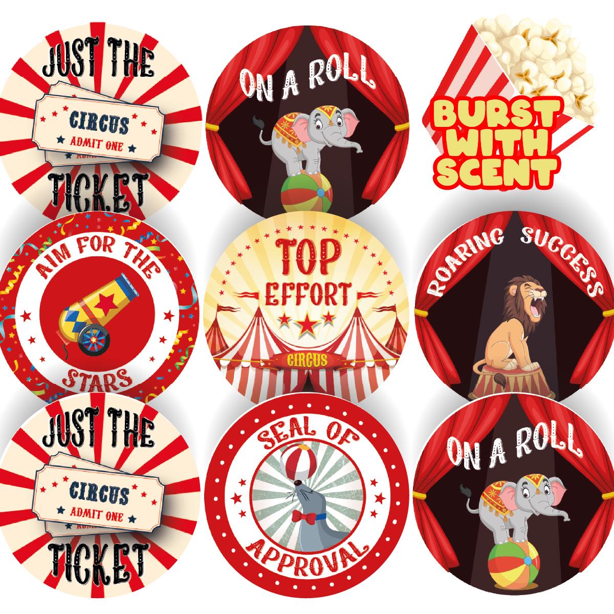 120 Popcorn Circus 30mm Popcorn Scented Reward Stickers for Teachers, Parents and Party Bags