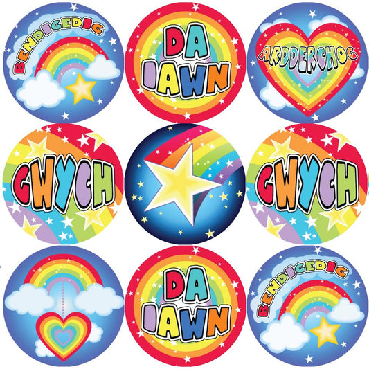 144 Welsh Rainbows and Stars 30mm Reward Stickers for Teachers, Parents