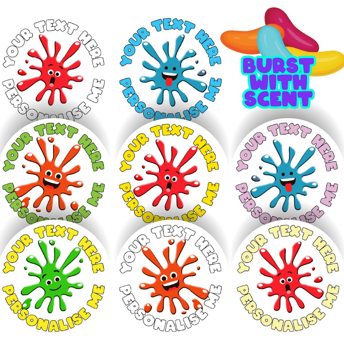 120 Jellybean Splat Scented Personalised Stickers - 30mm - School Teachers Parents