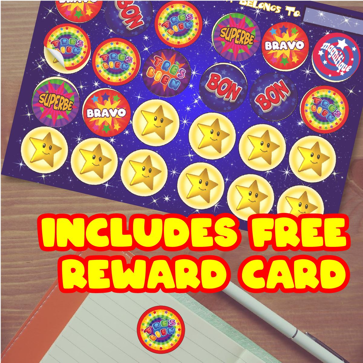 144 Funky French Praise Word Stickers - 30mm Glossy Reward Stickers for Teachers & Parents