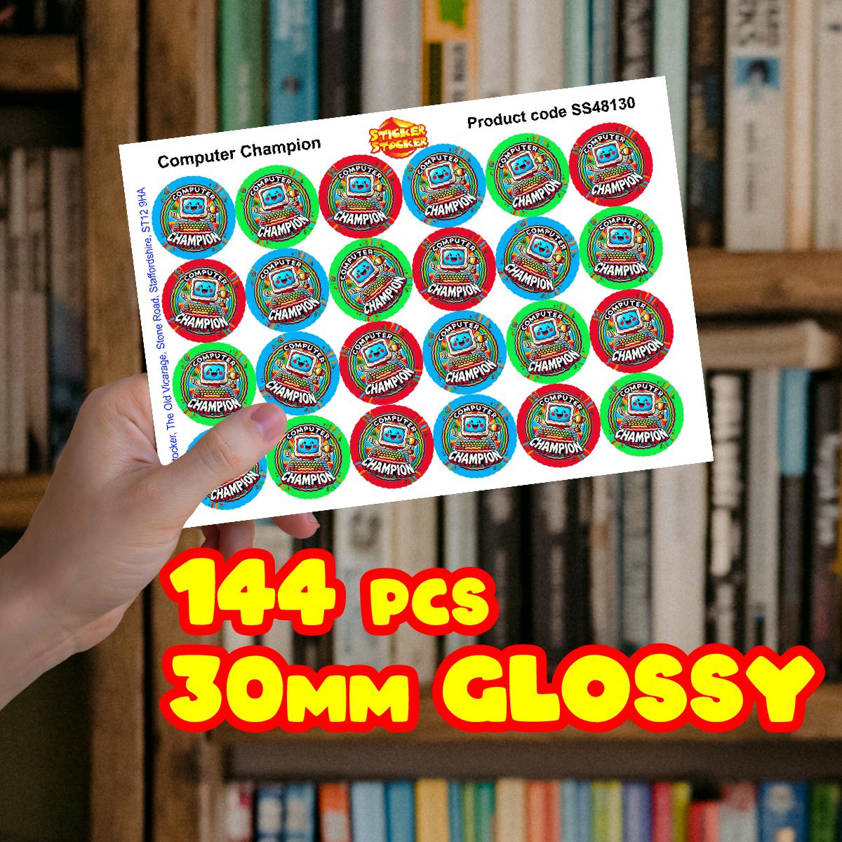 144 Computer Champion Coding Stickers - 30mm - Glossy Reward Stickers for Teachers & Parents