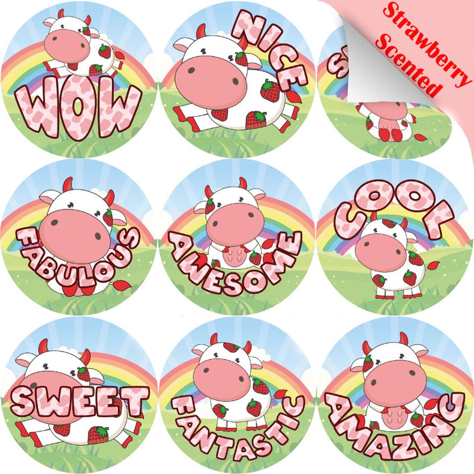 120 Strawberry Cows 30mm Scented Reward Stickers for Teachers, Parents and Party Bags