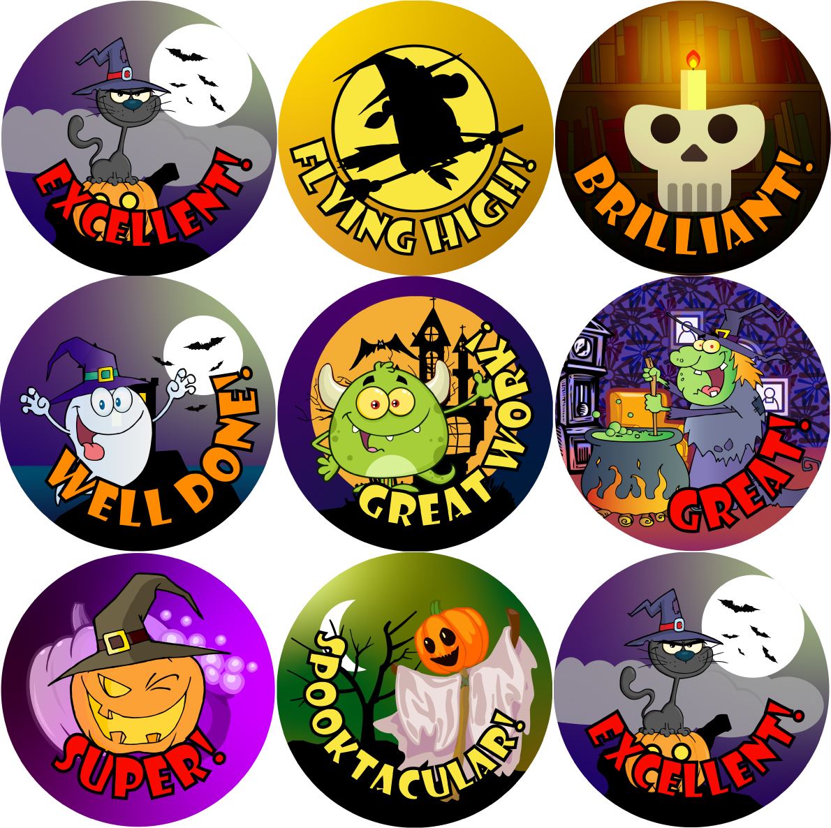 144 Halloween Praise Words (Pack 1) 30mm Round Children's Reward Stickers for Teachers or Parents
