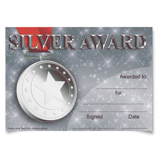 30 Silver Award Certificates for school teachers, 250gsm A5 silk finish card