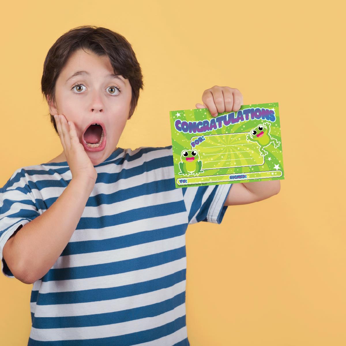 30 Congratulations Frog Award certificates for school teachers, 250gsm A5 silk finish card