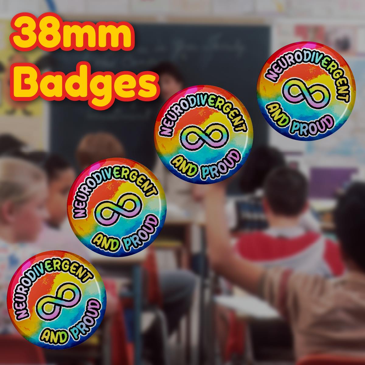 20 x Neurodivergent and Proud Button Badges (Pack of 20 Pin Badges - 38mm)